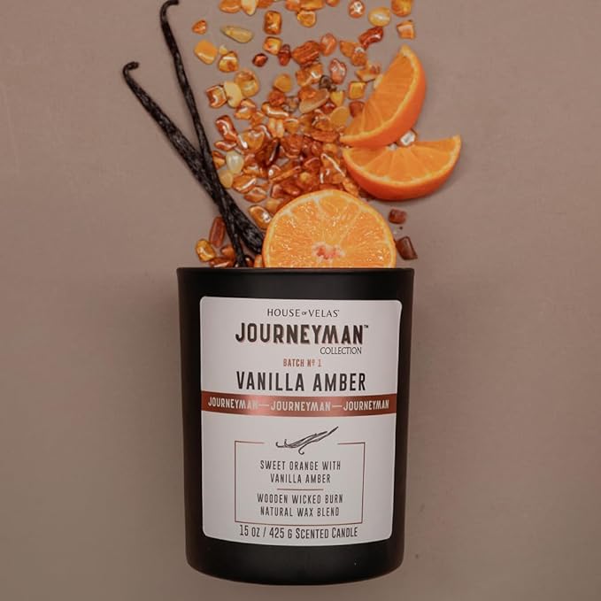 Journeyman Collection Candle, 15oz, Wooden Wick, Vanilla Amber, Large Painted Jar - Bloomnest