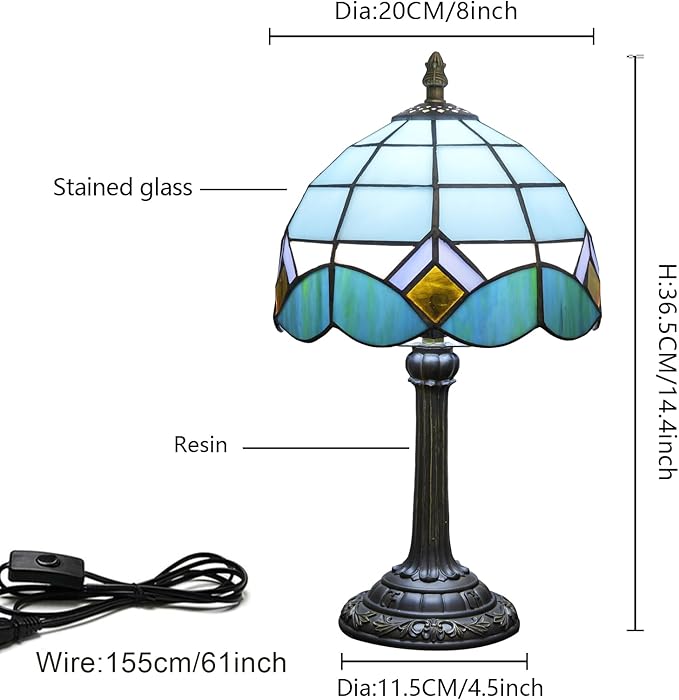 Sky Blue and White Lamp Small Tiffany Lamps Bedside Nightstand for Bedroom Dector Light Stained Glass Table Lamp Living Room Kitchen Night Lamp Farmhouse Cute 8 Inch Aesthetic Mediterranean Desk Lamps - Bloomnest