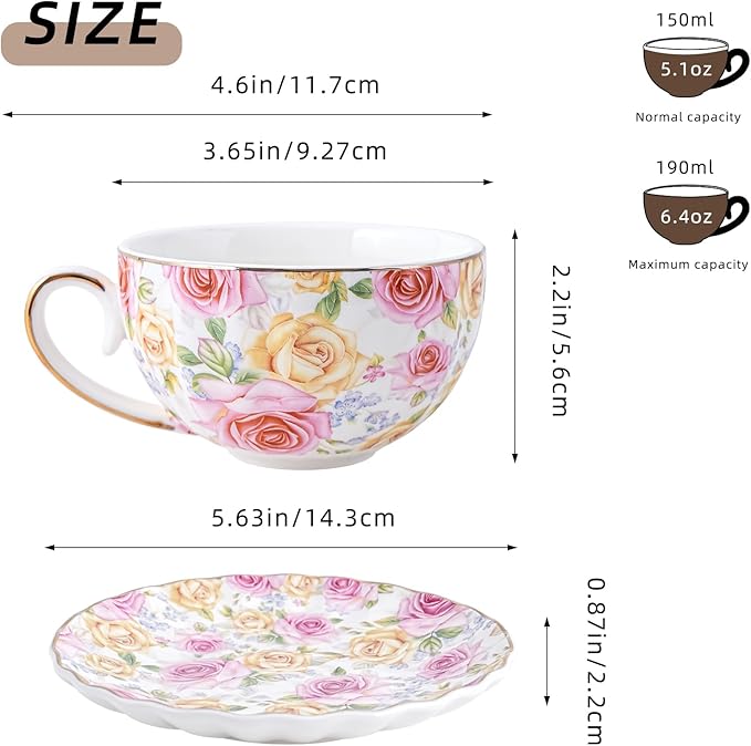 Tea Cup and Saucers, 6.4oz floral ceramic tea cups, Coffee Cappuccino Espresso Latte Mugs for Party Birthday,Christmas Gift (Pink and yellow roses) - Bloomnest