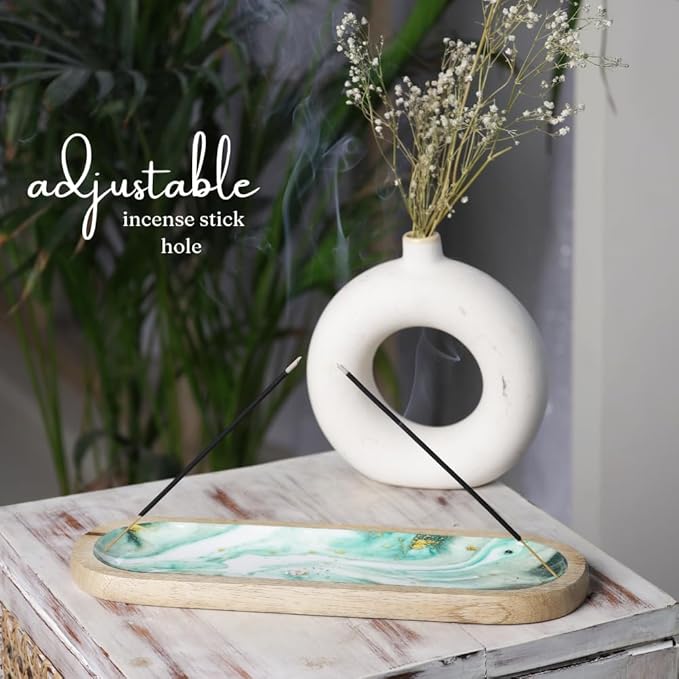 The Art Box Hand-Painted Incense Burner Holder Aquamarine - 12x4x1 inch Wooden Long Incense Stick Tray Holder for Modern Gift, Ash Catcher Incense Stick Holder - Meditation & Yoga - Bloomnest