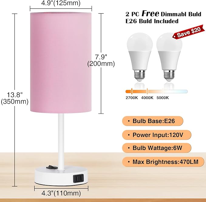 ZJOJO Table Lamp for Bedroom Set of 2, Bedside Small Lamps with 3 Way Dimmable Rocker Switch and AC Outlet, Nightstand Desk Lamp with Pink Fabric Shade White Base for Living Room Home Decor Lights - Bloomnest