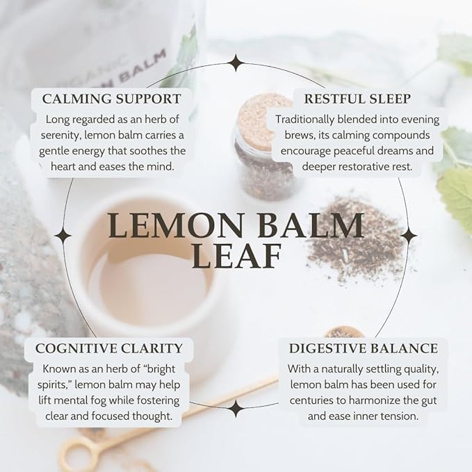 Elanen Naturals Organic Lemon Balm Herb 4 oz. (113g), USDA Certified Organic Lemon Balm Dried Loose Leaf Tea, Melissa Officinalis, Melisa Tea, Te De Toronjil, Cut & Sifted - Bloomnest