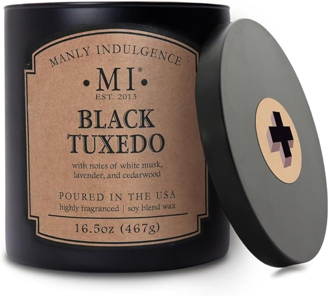 Manly Indulgence Black Tuxedo Candles for Men, 2 Wick, 16.5 oz, Premium Soy Blend Wax, 60H Burn, Candles for Home Scented - Made in The USA - Bloomnest