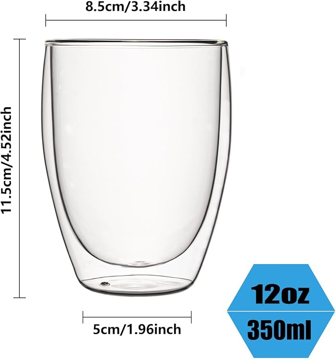 Glass Coffee Mugs Set of 2, Double Walled Clear Coffee Cups 12oz, Clear Latte Espresso Mugs for Milk Juice, Clear Glass Cappuccino Cup Glassware Gift for Christmas Birthday - Bloomnest