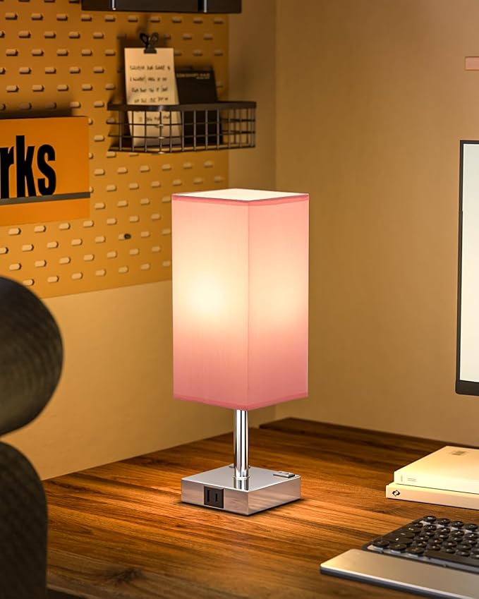 Touch Bedside Table Lamp for Nightstand - 3-Way Dimmable Night Lamp with USB A + Type C Charging Ports and Two AC Outlets, Small Desk Light with E26 LED Bulb for Bedroom Living Room Dorm Office, Pink - Bloomnest