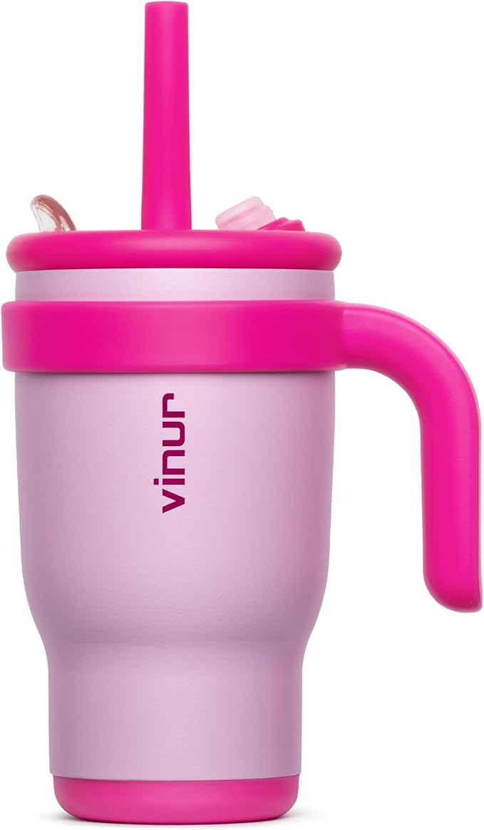 VINUR Kids Tumbler with Handle -14 oz Stainless Steel Vacuum Insulated Leak Proof Travel Tumbler with 2-in-1 Straw Lid-Gifts for Girls, Purple Pink - Bloomnest
