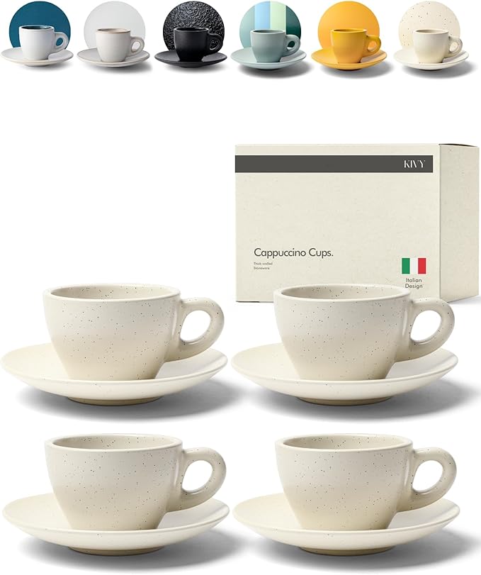 KIVY Cappuccino cups set [4x 8oz] - Thick-walled stoneware cappuccino cup set for latte art - Cappuccino coffee cups - Tazas de cafe - Latte cups - Ceramic latte art cup and saucer set of 4 - Bloomnest