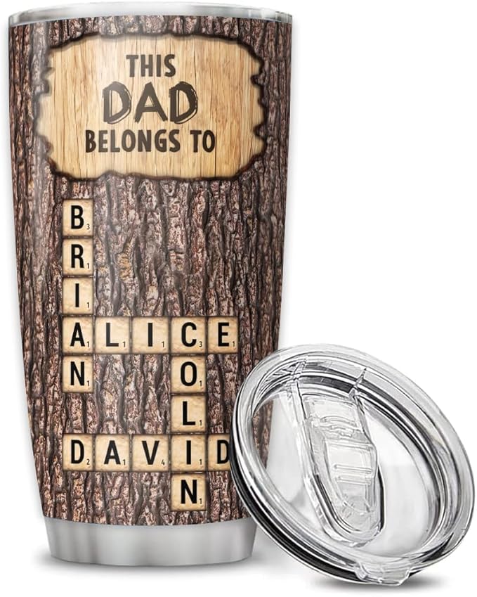 Personalized Crossword Tumbler for Dad, Custom 20oz & 30oz Stainless Steel Insulated Mug with Kids’ Names, Rustic Wood Design, Unique Father’s Day Gift for Dad, Husband or Grandpa - Bloomnest