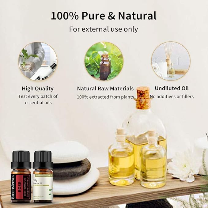 GREENSLEEVES Rose and Lily Essential Oil Set, 100% Pure Oils for Diffuser, Humidifier, Massage - 2 x 10ml GREENSLEEVES