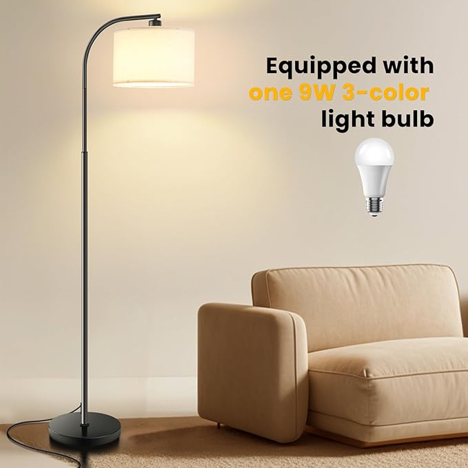 Floor Lamp for Living Room,Tall Standing Lamps Dimmable,Modern Floor Light with LED Bulb,3 Color Temperatures,Fabric Shades,Black Floor Lamps for Bedroom Dining Room Office Corner - Bloomnest