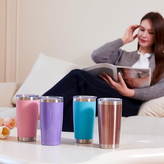 MEWAY 20oz Tumbler 8 Pack Double Wall Vacuum Insulated Travel Mug Bulk, Stainless Steel Tumblers with Lid and Straw, Durable Powder Coated Coffee Cups for Cold & Hot Drinks (Light Blue, 8) - Bloomnest