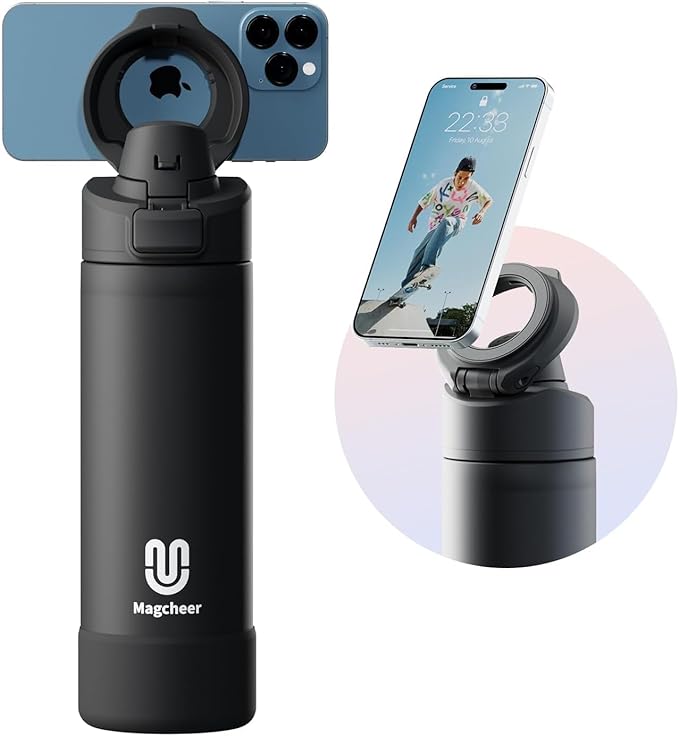 Insulated Magnetic Water Bottle - Reusable Stainless Steel Bottle with MagSafe Compatible Phone Holder - Keeps Cold for 24 Hours - Perfect for Gym, Sports, and Travel - Black 24oz Magcheer