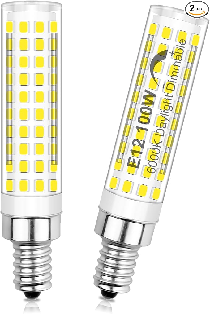 E12 100W 120V Dimmable Replacement LED Bulbs C7, Daylight White 6000K 1200LM, T6 E12 12W LED Chandelier Light Bulbs for Ceiling Fan, Salt Lamp Pendant Lighting, Pack of 2 - Bloomnest