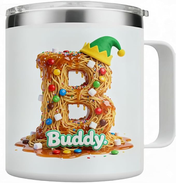 Personalized Buddy The Elf Spaghetti Mug, Custom Name Christmas Coffee Cup - 14oz Insulated Tumbler with Handle & Lid, Funny Christmas Movie Fan Gift for Men, Women, Friends (B61) - Bloomnest