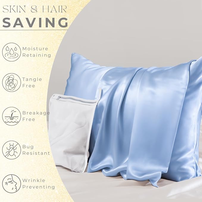 PROMEED 100% Mulberry Silk Pillowcase Set of 2, Both Sides Natural Silk Pillow Case 2 Pack Cooling Pillow Cases for Hot Sleepers, Hidden Zipper Closure (Queen 20"x30", Light Blue) - Bloomnest