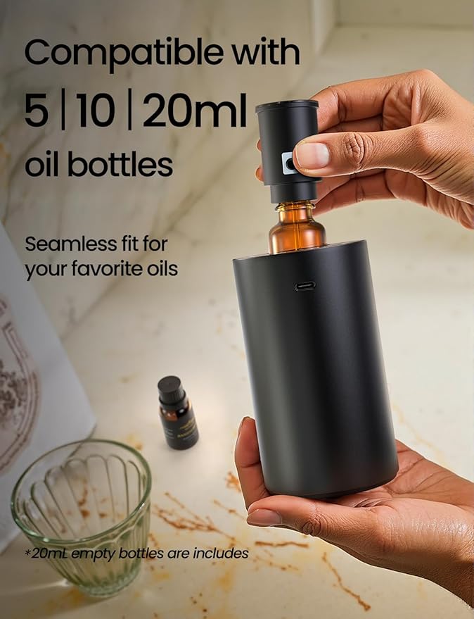 Waterless Essential Oil Diffuser, Rechargeable Scent Diffusers with 3 Mist Levels & Timers, Portable Aromatherapy Diffuser for Home Car Room Studio Office, Black Metal - Bloomnest