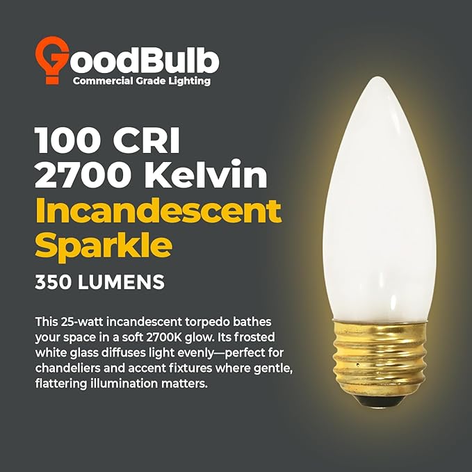 GoodBulb 25-Watt Incandescent Torpedo Light Bulbs B10 Frosted Finish Medium E26 Base 2700K Warm White Color Dimmable 175 Lumens Pack of 12 Bulbs - Bloomnest