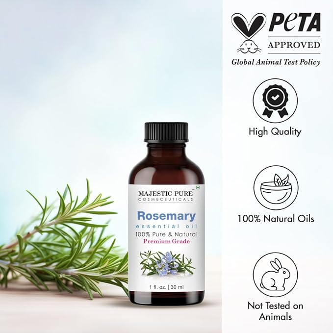 Majestic Pure Rosemary Essential Oil with Glass Dropper - 1 Fl Oz - 100% Pure and Natural Rosemary Oil - Premium Grade Essential Oils for Diffuser, Aromatherapy, Soap and Candle Making - Bloomnest