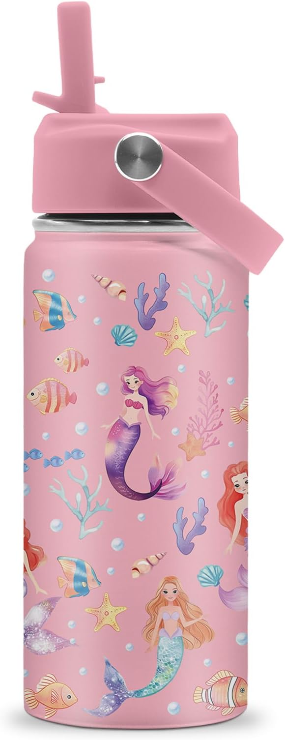 Mermaid Water Bottle, 16oz Little Mermaid Girls Stainless Steel Insulated Water Bottle with Straw Lid, Mermaids Cup Tumbler Gifts for Kids Girls - Bloomnest