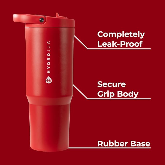 HydroJug Sport - Stainless Steel Tumbler with Straw, Vacuum Insulated, 32oz Leakproof Water Bottle, Ergonomic Design, Reusable, Dishwasher Safe, Rubber Base, Durable for Gym or Outdoors, Alumni Red