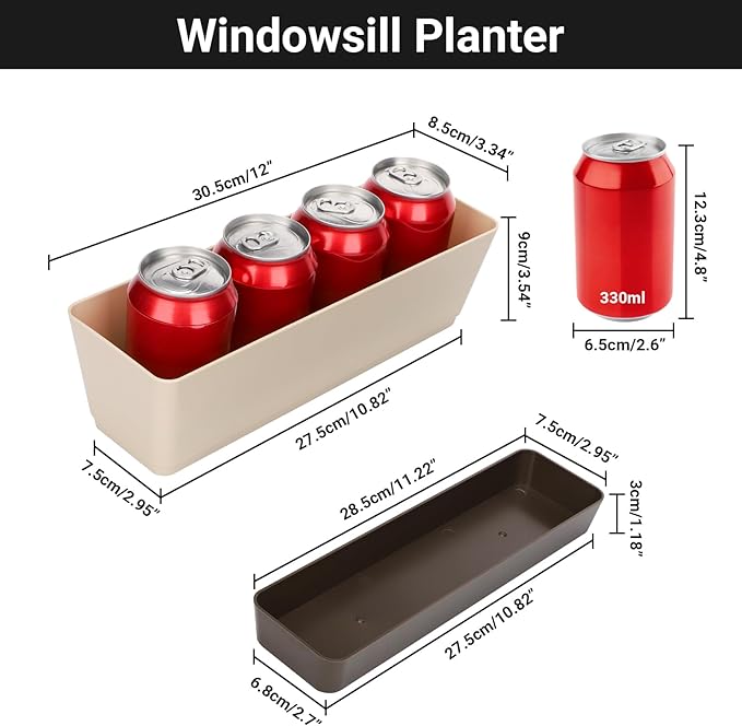 GREANER Planter Windowsill Box, 1 Pack 12x3.8 Inch Herb Rectangle Planter with Tray, Modern Indoor Succulent Cactus Plastic Plant Pot for Windowsill, Garden Balcony, Home Office Outdoor Decoration - Bloomnest