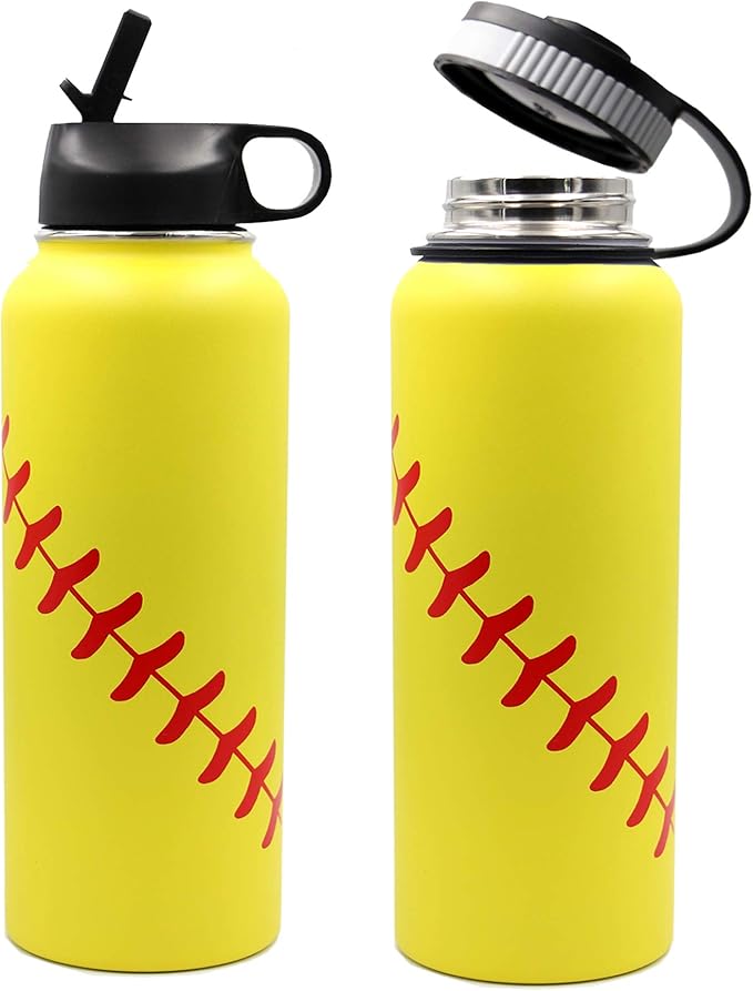 40 oz Softball Water Bottle, Wide Mouth Sports Flask Metal Travel Tumbler with 2 Lids, Stainless Steel Double Wall Vacuum Insulated Leak Proof Thermo Water Jug, Softball Stuff Gifts for Mom Girls - Bloomnest