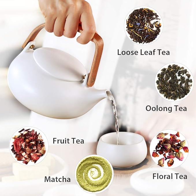 ZENS Teapot with Infuser, Ceramic Japanese 2cup Teapot for Loose Leaf Tea, 800ml Small Matte White Porcelain Tea Pot Gift with Modern Bentwood Handle - Bloomnest