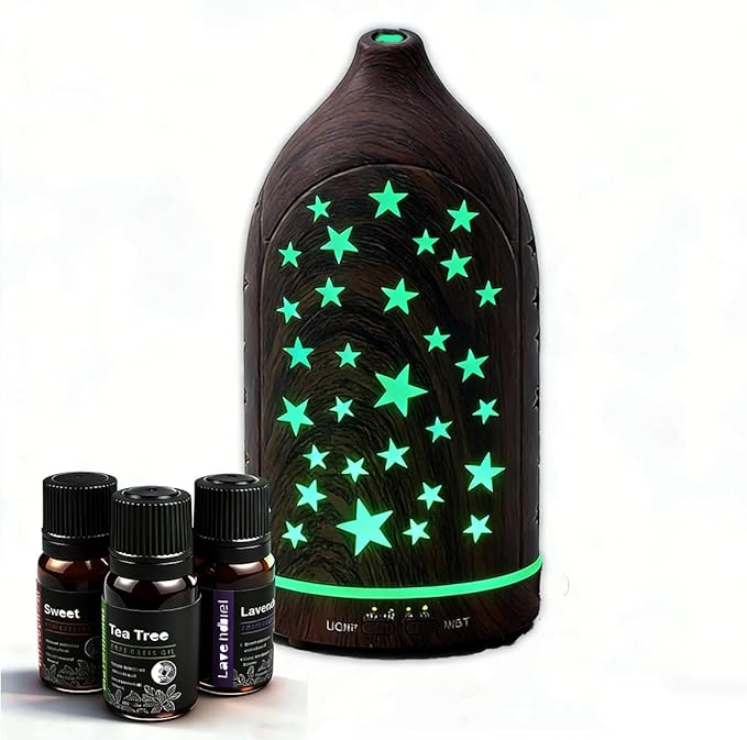 Aromatherapy Diffusers,7.1''x3.5''Diffuser with 3 Essential Oil Set,Small 200ml Office Desk Humidifier with 7 LED Colors Night Lights,Waterless Auto-Off for Home Decor Gift (Star Dark Wood Grain) - Bloomnest