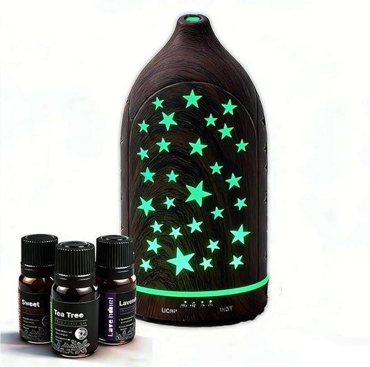 Aromatherapy Diffusers,7.1''x3.5''Diffuser with 3 Essential Oil Set,Small 200ml Office Desk Humidifier with 7 LED Colors Night Lights,Waterless Auto-Off for Home Decor Gift (Star Dark Wood Grain) - Bloomnest