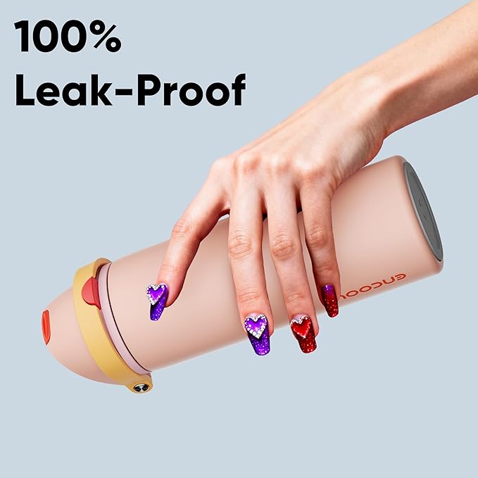 Insulated Water Bottle with Straw - Encool Stainless Steel Water Bottle with Push Button Lid, Leak-Proof & BPA-Free, Keeps Cold for 24 Hours for Sports, Travel, Gym (24 oz, Pink Daisy-Red) ENCOOL