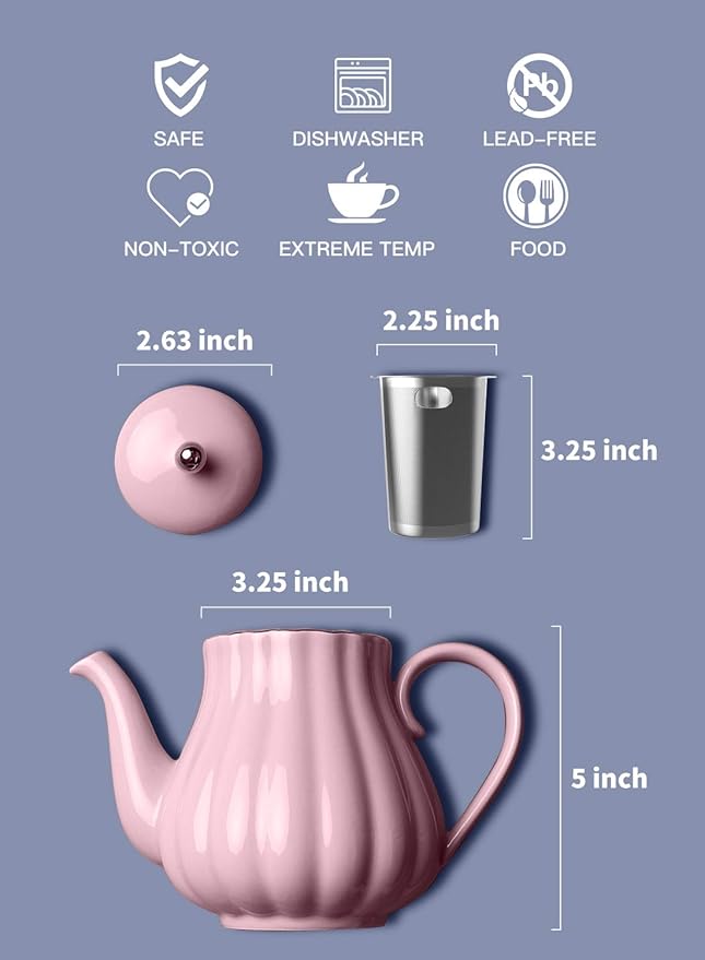Amazingware Royal Teapot, Porcelain Tea Pot with Stainless Steel Infuser, with a Filter for Loose Tea, Pumpkin Fluted Shape - 28 oz, Pink - Bloomnest