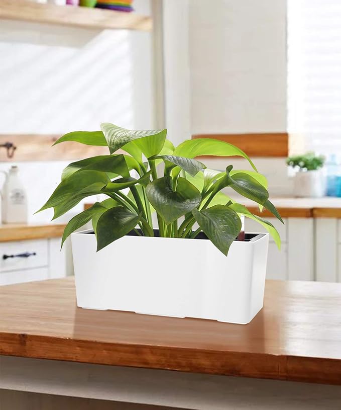 SAROSORA 14" Rectangle Self Watering Planter with Water Level Indicators for Plants & Flower Home Garden Outdoor Indoor Succulent | Herb pots | Window Box (1, White) - Bloomnest
