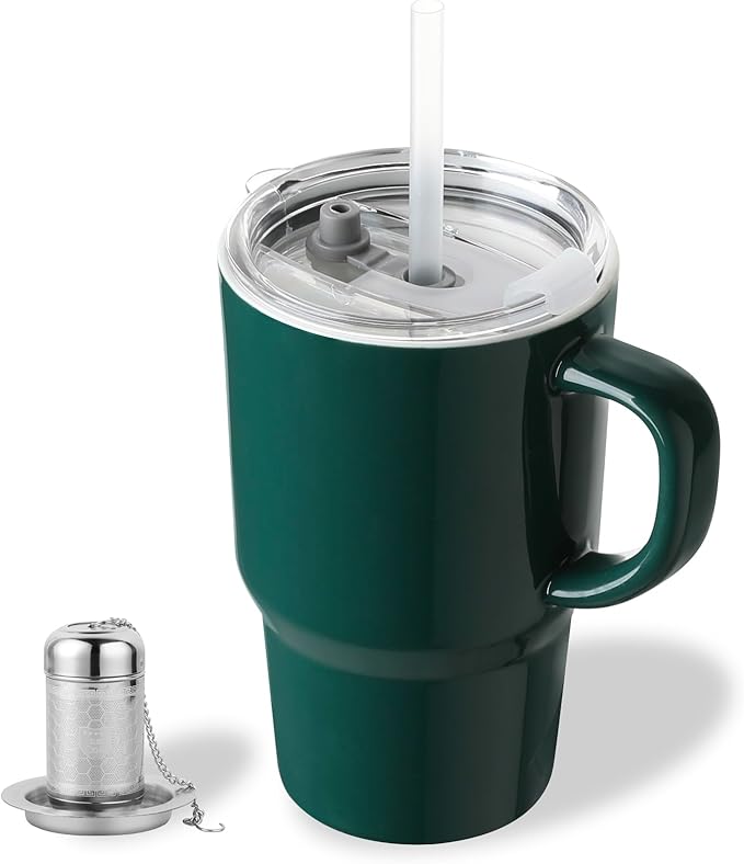 Sweejar Ceramic Travel Mug with Lid, 16 oz Portable Coffee Mug, Dishwasher Safe Tea Cup with Infuser, Reusable Teacup for Car Cup Holder, Tea Lovers(Jade) - Bloomnest