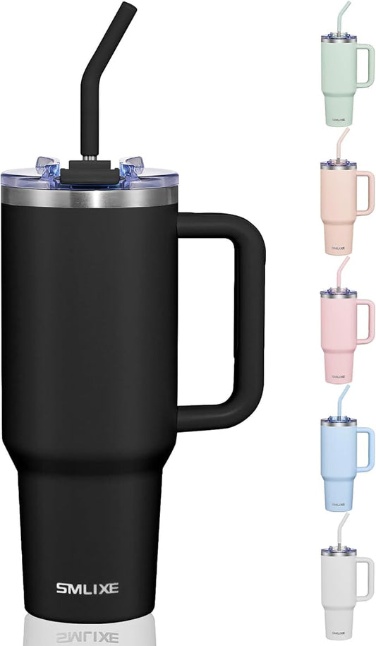 40 oz Tumbler With Handle and Straw Lid, Vacuum Insulated Travel Coffee Mug Stainless Steel Insulated Cup for Beverages, Leak-proof, Cupholder Friendly (Black) - Bloomnest