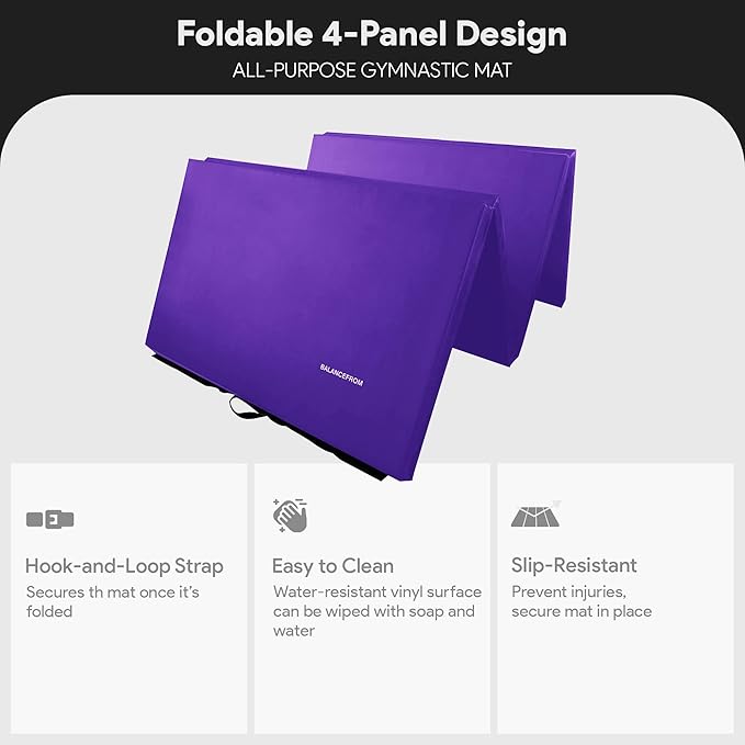 BalanceFrom 10x4 Feet 4-Panel Folding Gymnastics Mat – 2-Inch Thick Pad with Vinyl Surface and Carrying Handles for Tumbling, Yoga, Pilates, Home Workouts, and Martial Arts - Bloomnest