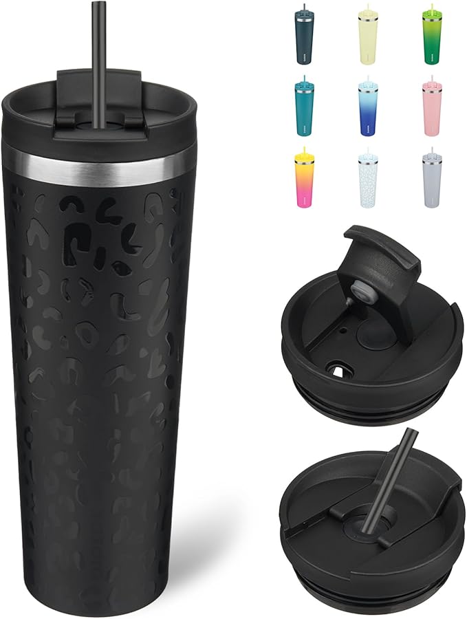 BJPKPK 30oz Insulated Tumbler With lid And Straw Stainless Steel Tumblers Travel Coffee Mug Reusable Thermal Cup,Black Leopard - Bloomnest