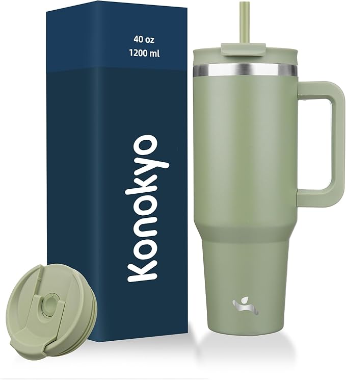 40 oz Tumbler with Handle and 2 Straws,2 in 1 Lid Insulated Water Bottle Stainless Steel Travel Coffee Mug,Army Green - Bloomnest