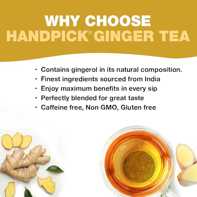 HANDPICK, Ginger Tea Bags (100 Herbal Tea Bags), Authentic Indian Origin, Caffeine Free & 100% Pure Ginger Root |Soothing & Spicy Blend | Round Eco Conscious Teabags - Bloomnest