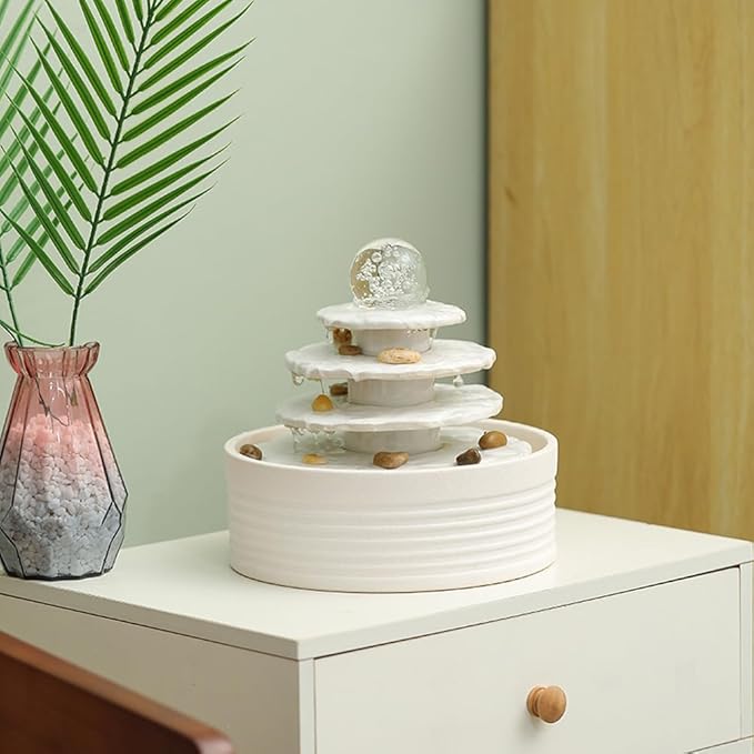 Outdoor and Indoor Ceramic Fountain Waterfall Water Feature Tabletop Home Office Kitchen Decoration (White)