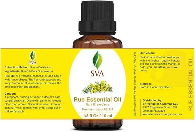 SVA Rue Essential Oil – 1/3 Fl Oz – 100% Natural Rue Oil - for Diffuser, Hair Care, Face, Skin Care, Aromatherapy, Scalp and Body Massage, Soap and Candle Making - Bloomnest