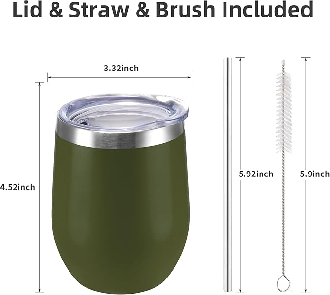 12 oz Insulated Wine Tumbler with Lid and Straw,Stainless Steel Stemless Wine Tumbler Glasses Double Wall Vacuum Wine Cups Tumbler for Coffee,Cocktail,Office（Navy Green,1） - Bloomnest