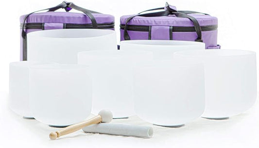 Leize Crystal Singing Bowl with Carrying Case, White, Set of 7 size 6-12" A-G Note 432 hz - Bloomnest