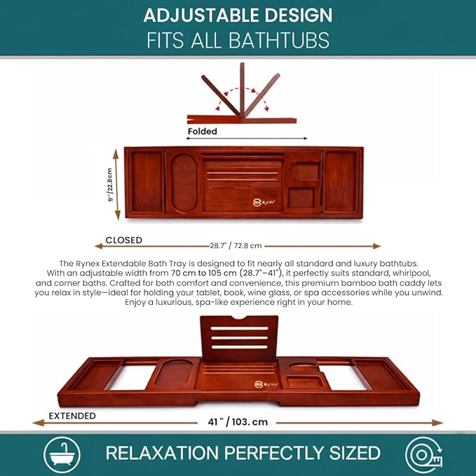 Bathtub Tray & Bath Tray for Tub – Expandable Bamboo Bath tub Tray, Bathtub Caddy, Adjustable Foldable Waterproof Bath Trays for tub with Phone, Wine Glass, Book & Tab Holder (Free Soap Dish) - Bloomnest