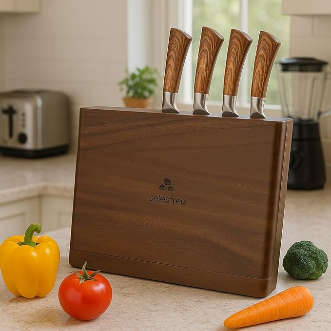 2-in-1 Wood Cutting Board with Magnetic Knife Holder - 16 x 11 Inch Rain Wood, Juice Grooves, Kitchen Organizer for Home Chefs - Bloomnest