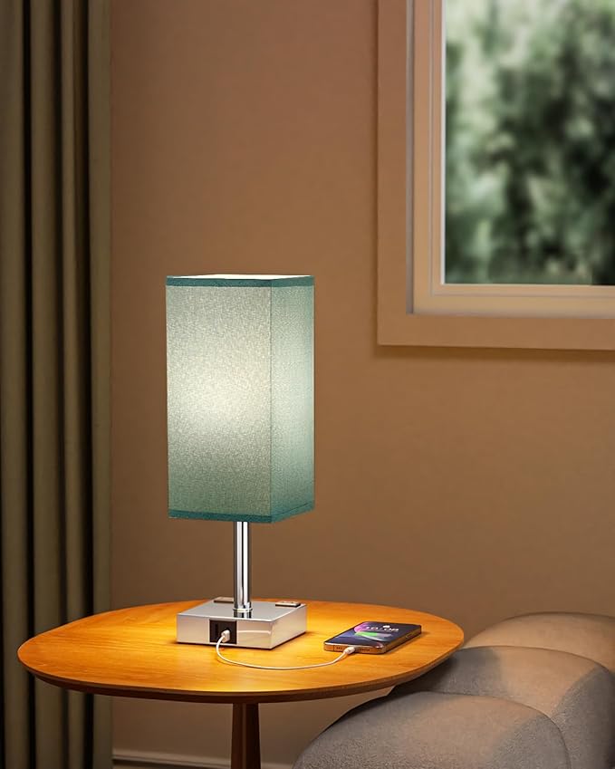 Touch Bedside Table Lamp for Nightstand - 3-Way Dimmable Night Lamp with USB A + Type C Charging Ports and Two AC Outlets, Small Desk Light with E26 Bulb for Bedroom Living Room Dorm, Turquoise - Bloomnest