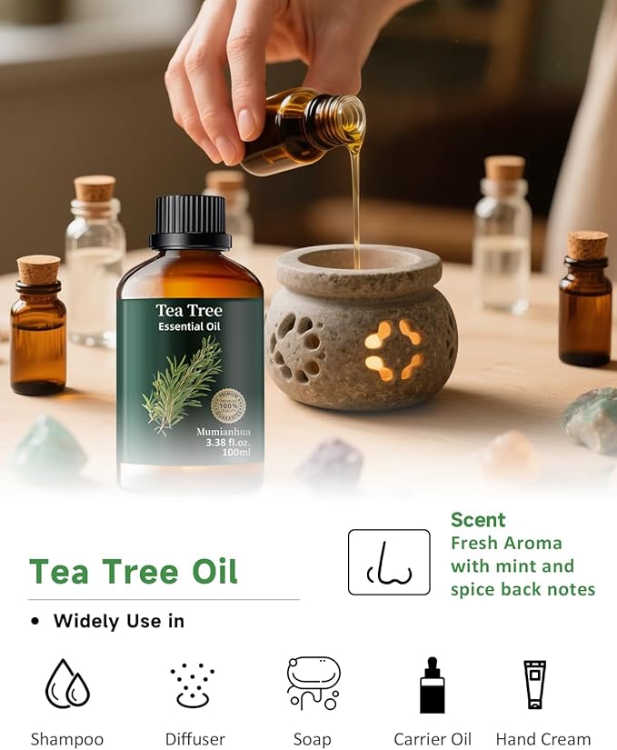 Tea Tree Essential Oil Pure Mumianhua Natural Tea Tree Oil for Diffuser, Aromatherapy, Skin, Face, Toenails, Foot Soak and DIY Soap Making 3.38 Fl Oz - Bloomnest