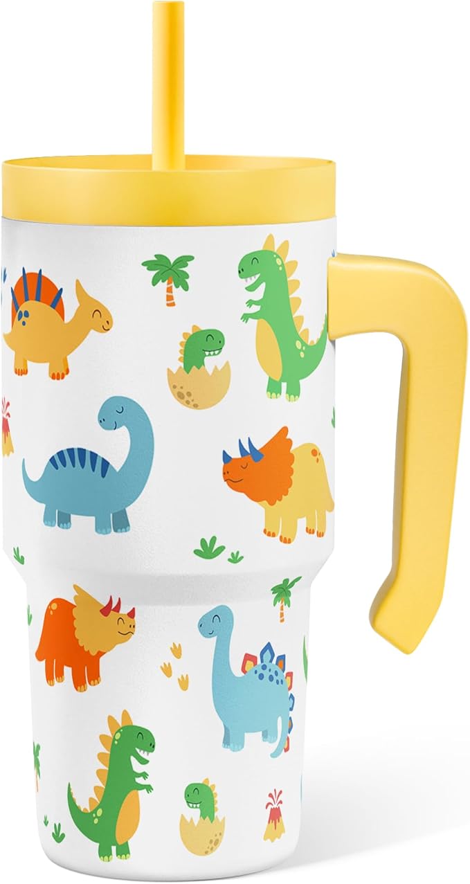 Dinosaur Tumbler 20oz with Handle and Silicone Straw Lid for Kid, Insulated Stainless Steel Cup, Gift for Kids Boys, Gifts Idea for Birthday Christmas Back to School - Bloomnest