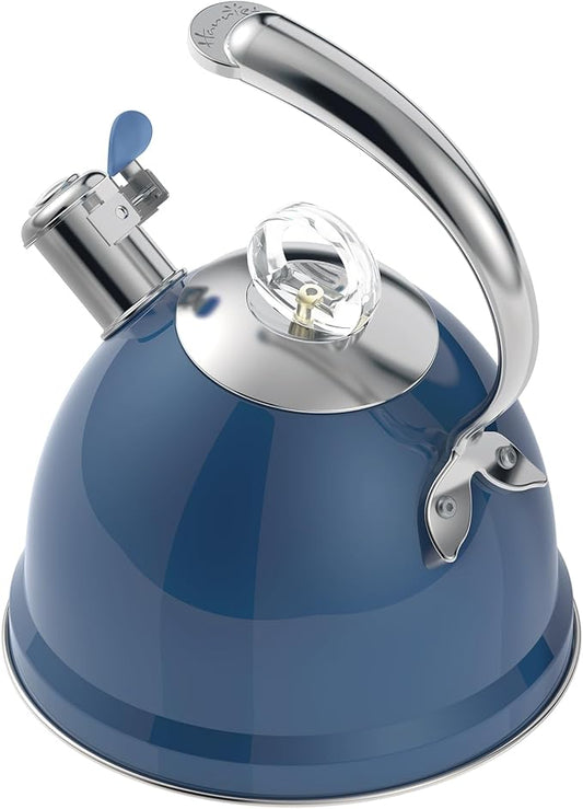 Harriet Tea Kettle Stovetop, 2.5 Quart Whistling Stainless Steel Tea Pot, 3-Layer Base, Unique Ergonomic Handle, Includes Pot Holder & Mat, Electric/Induction/Gas Stovetops Applicable, Blue