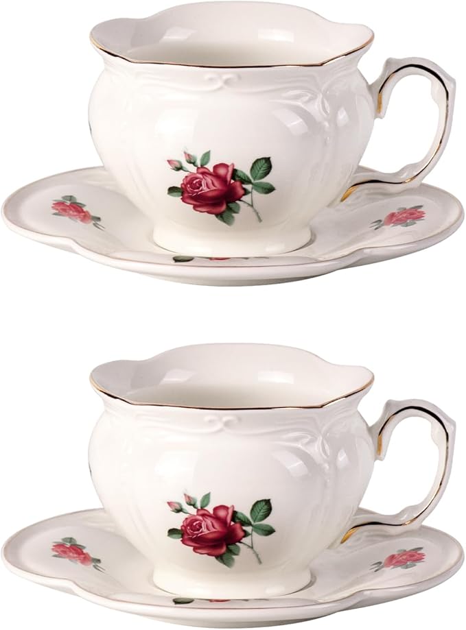 KAMMAK Tea Cups and Saucers Set of 2, Porcelain Coffee Cups, 6.8-Ounce Stackable Espresso Mugs, Ceramic Demitasse for Coffee, Latte, Americano, Tea, Baroque Rose - Bloomnest