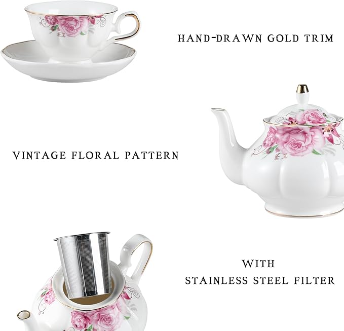 Sweejar Ceramic Teapot with Infuser, Floral Relief Gold Rimmed Teapot, 29 OZ Porcelain Tea Pot for Blooming and Loose Tea, Coffee...(Flower) - Bloomnest